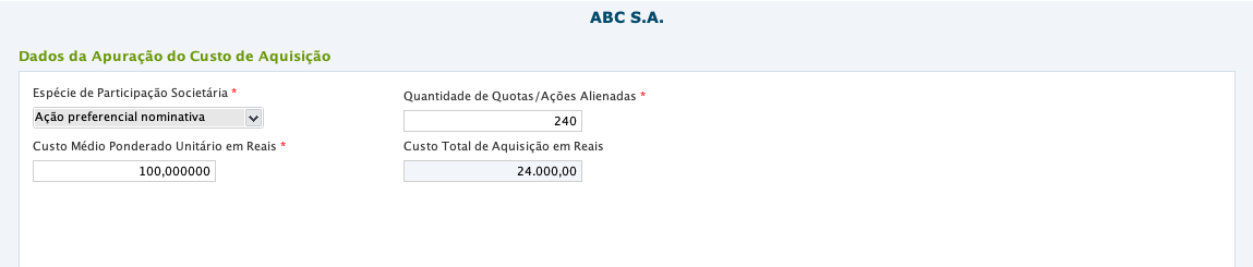 Formulário de apuração do custo de aquisição com dados preenchidos